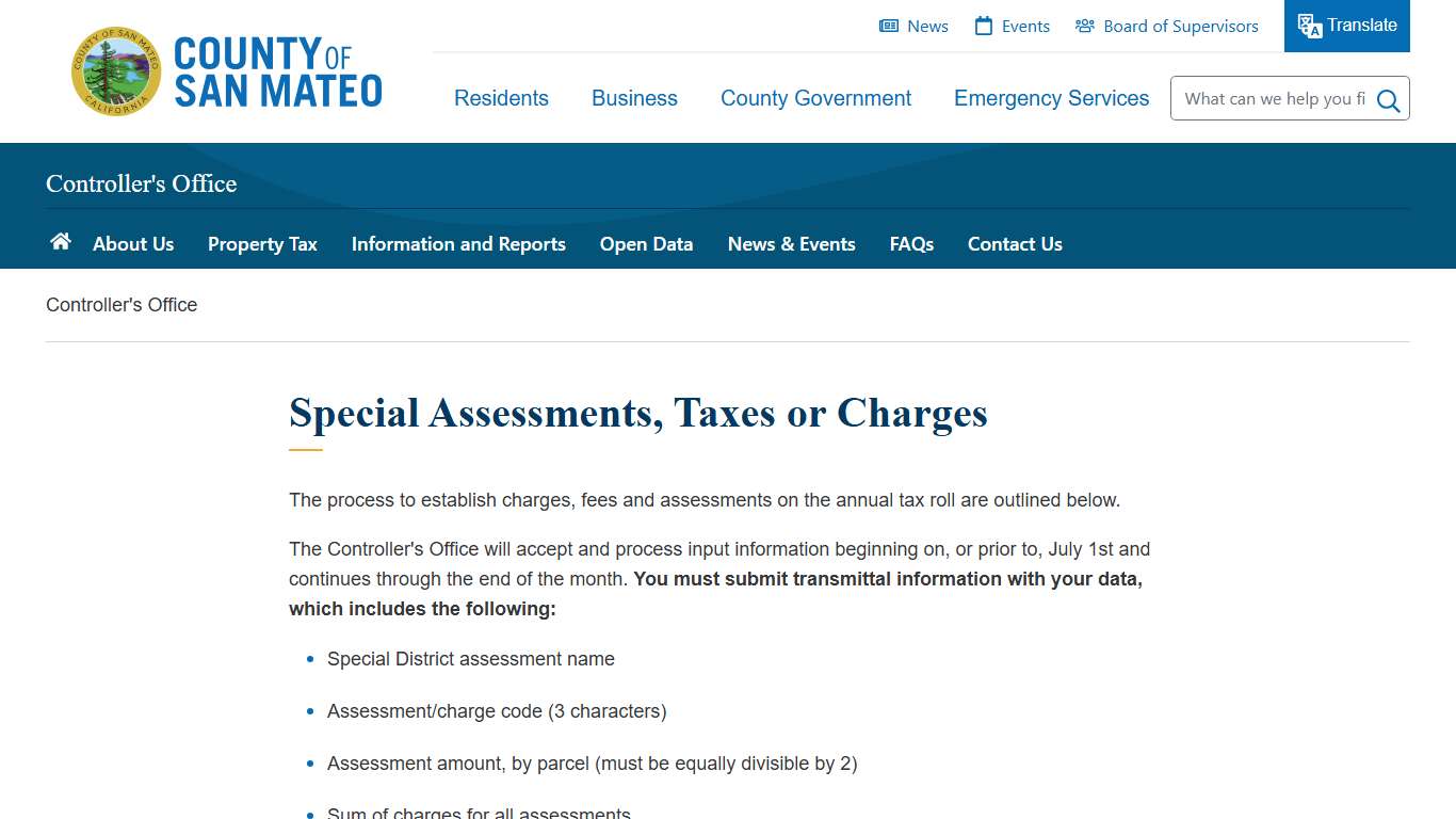 Special Assessments, Taxes or Charges | County of San Mateo, CA
